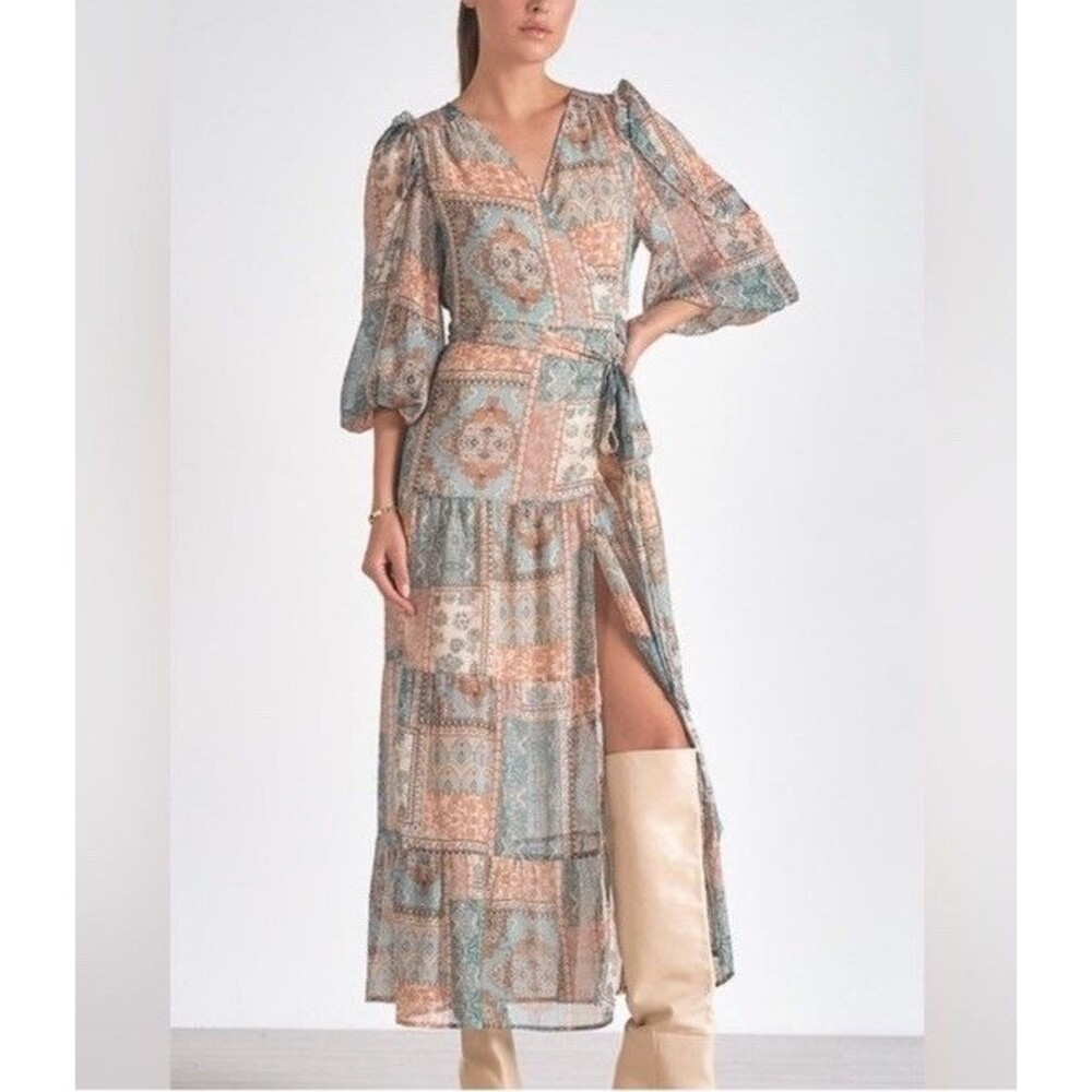Elan maxi wrap dress Puff Sleeve blue Metallic bohemian-style patchwork SZ S